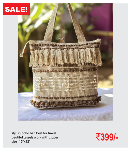 stylish boho bag best for travel beutiful tessels work with zipper size : 15’’x12’’