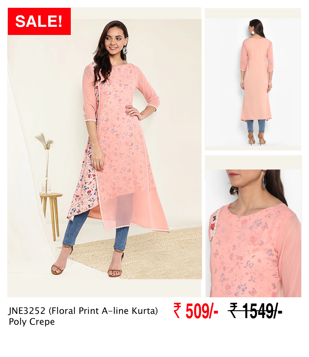 Peach Poly Crepe Floral Print A-line Kurta