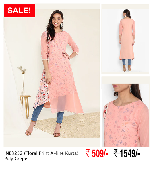 Peach Poly Crepe Floral Print A-line Kurta