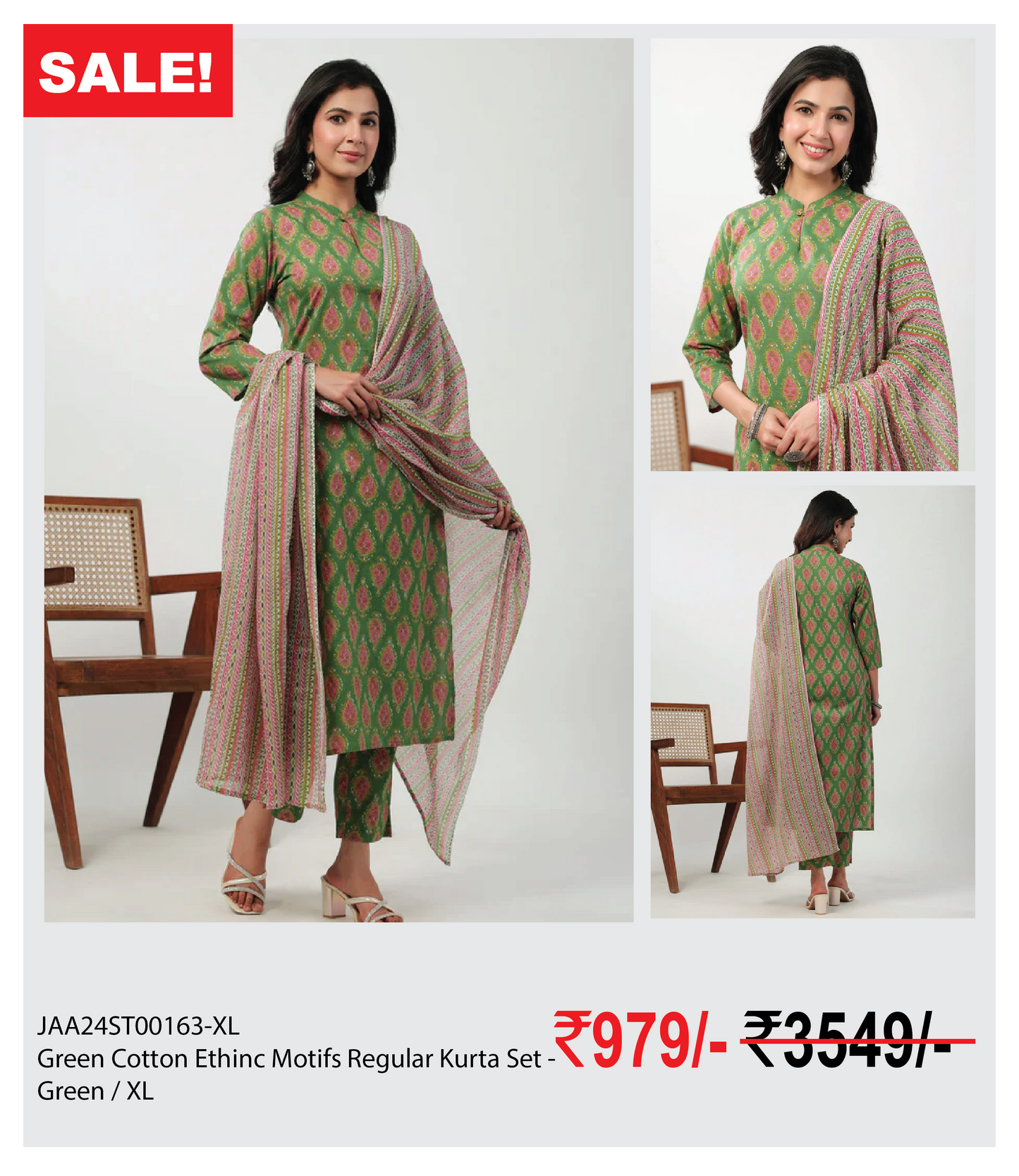 Green Cotton Ethinc Motifs Regular Kurta Set - Green / XL