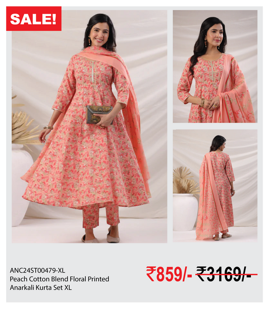 Peach Cotton Blend Floral Printed Anarkali Kurta Set - Peach / XL