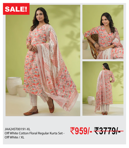 Off White Cotton Floral Regular Kurta Set - Off White / XL