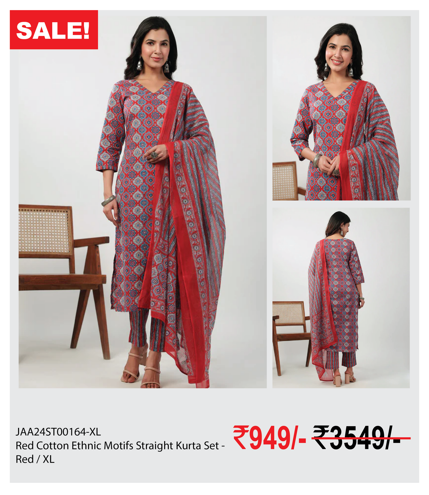 Red Cotton Ethnic Motifs Straight Kurta Set - Red / XL