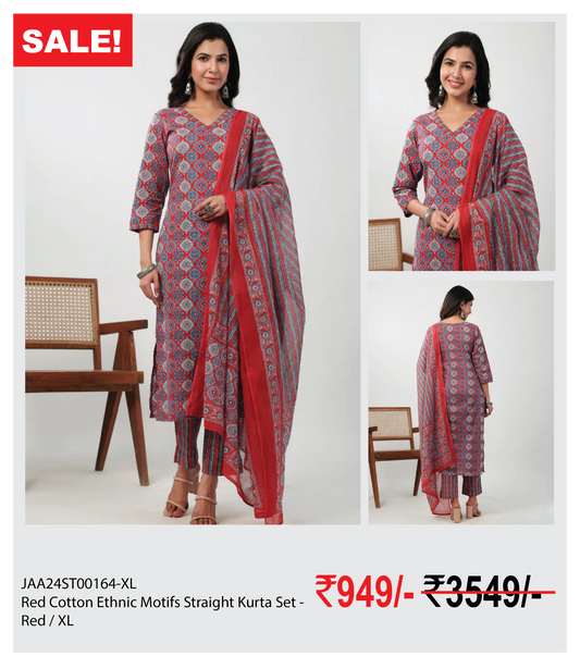 Red Cotton Ethnic Motifs Straight Kurta Set - Red / XL