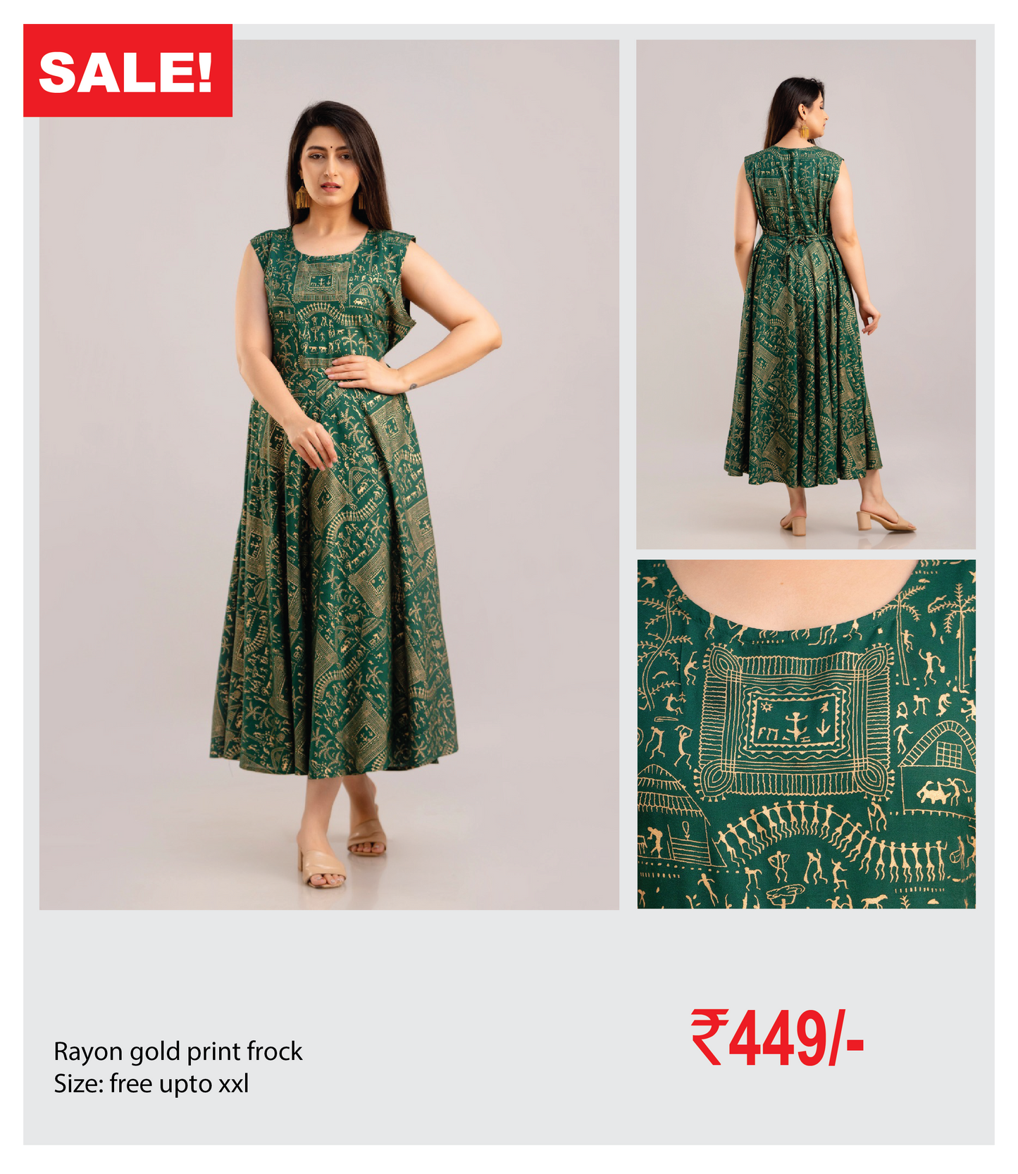 Rayon gold print frock with sleeves attached inside