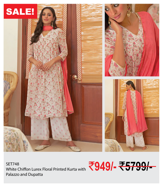 White Chiffon Lurex Floral Printed Kurta with Palazzo and Dupatta