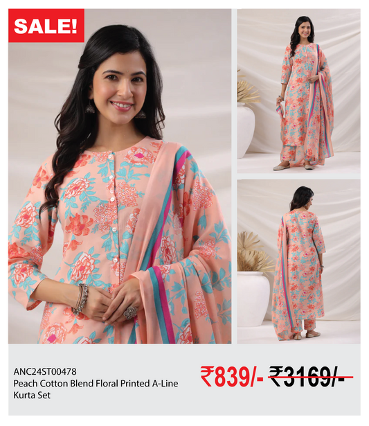 Peach Cotton Blend Floral Printed A-Line  Kurta Set