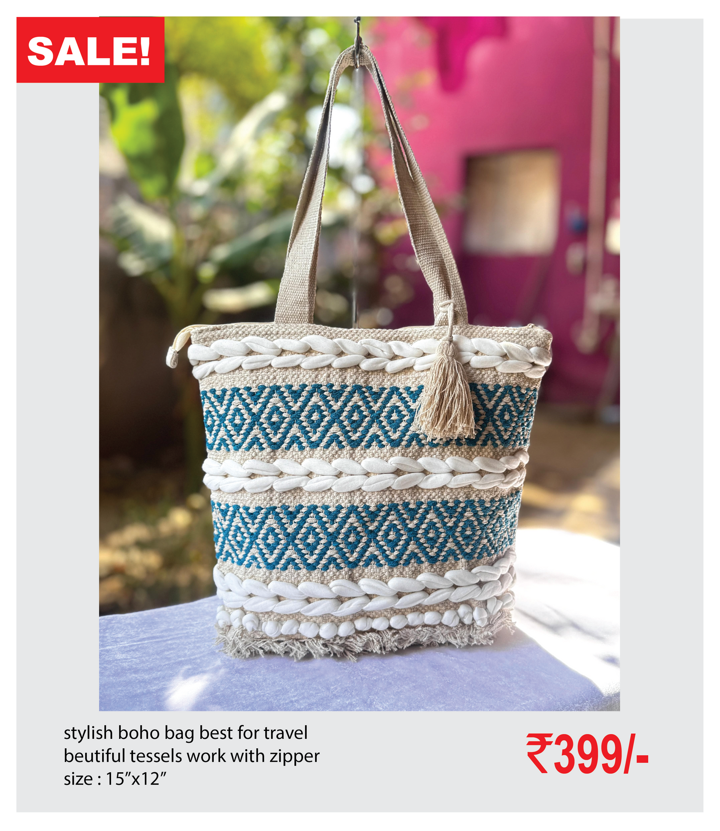 stylish boho bag best for travel beutiful tessels work with zipper size : 15’’x12’’