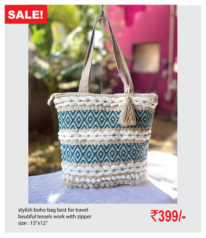 stylish boho bag best for travel beutiful tessels work with zipper size : 15’’x12’’