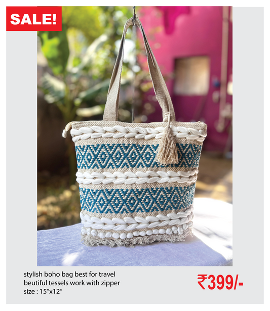 stylish boho bag best for travel beutiful tessels work with zipper size : 15’’x12’’