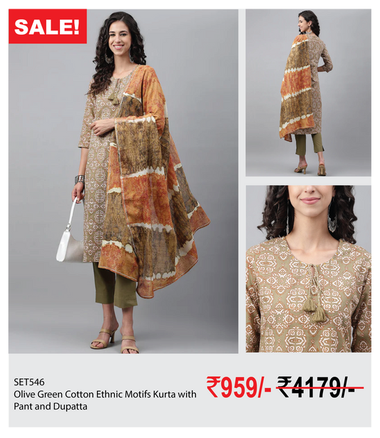 Olive Green Cotton Ethnic Motifs Kurta with Pant and Dupatta