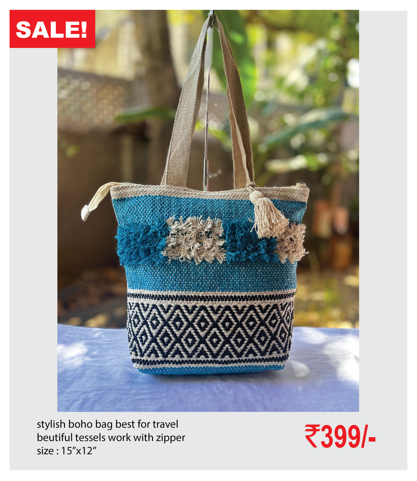 stylish boho bag best for travel beutiful tessels work with zipper size : 15’’x12’’