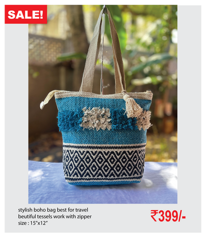stylish boho bag best for travel beutiful tessels work with zipper size : 15’’x12’’