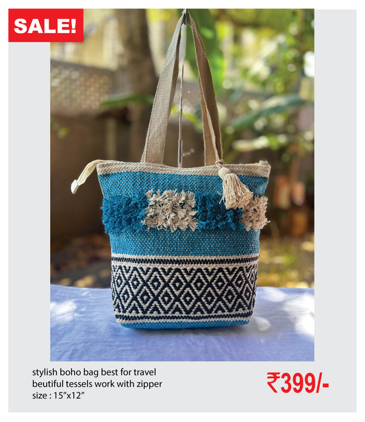 stylish boho bag best for travel beutiful tessels work with zipper size : 15’’x12’’