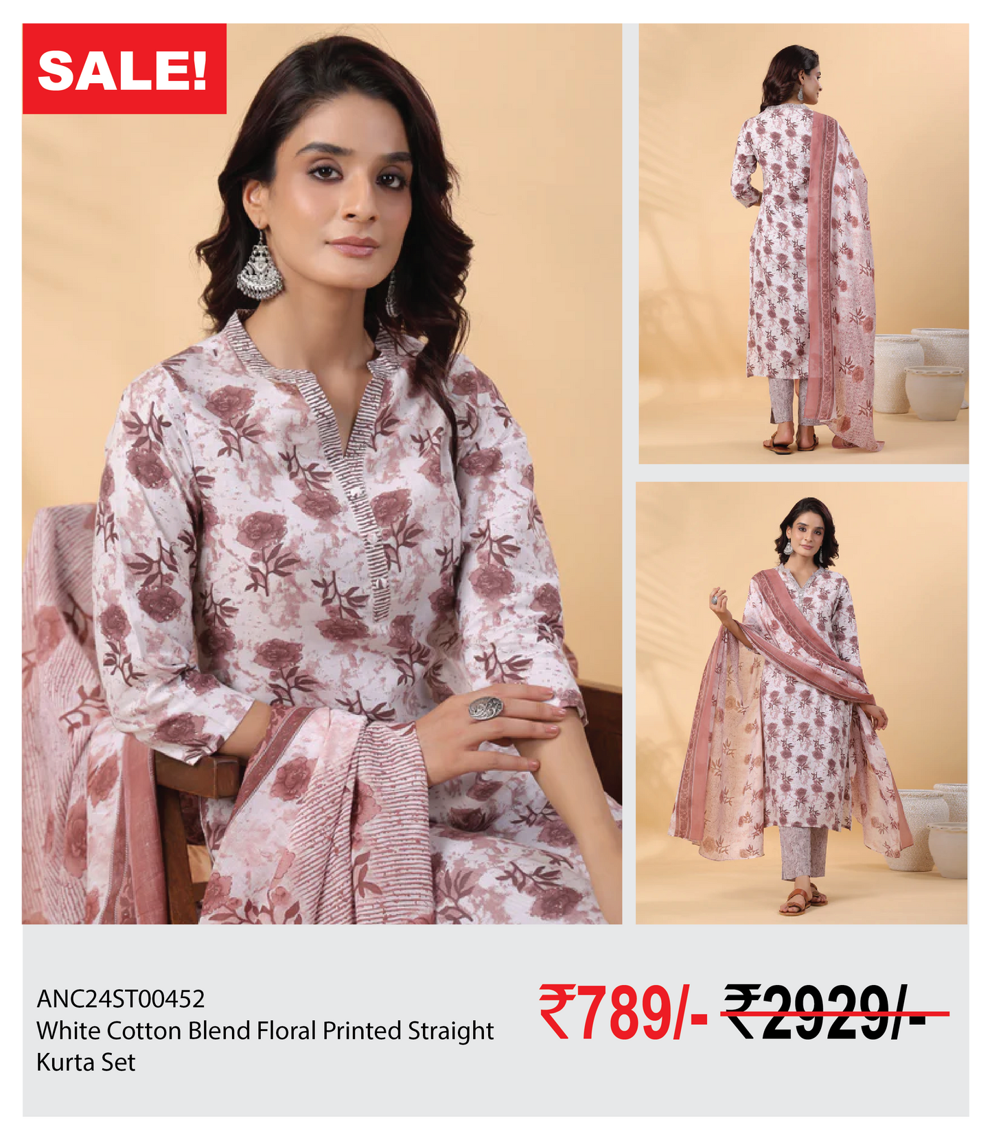 White Cotton Blend Floral Printed Straight Kurta Set