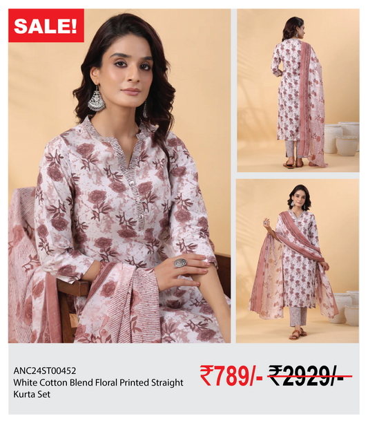 White Cotton Blend Floral Printed Straight Kurta Set