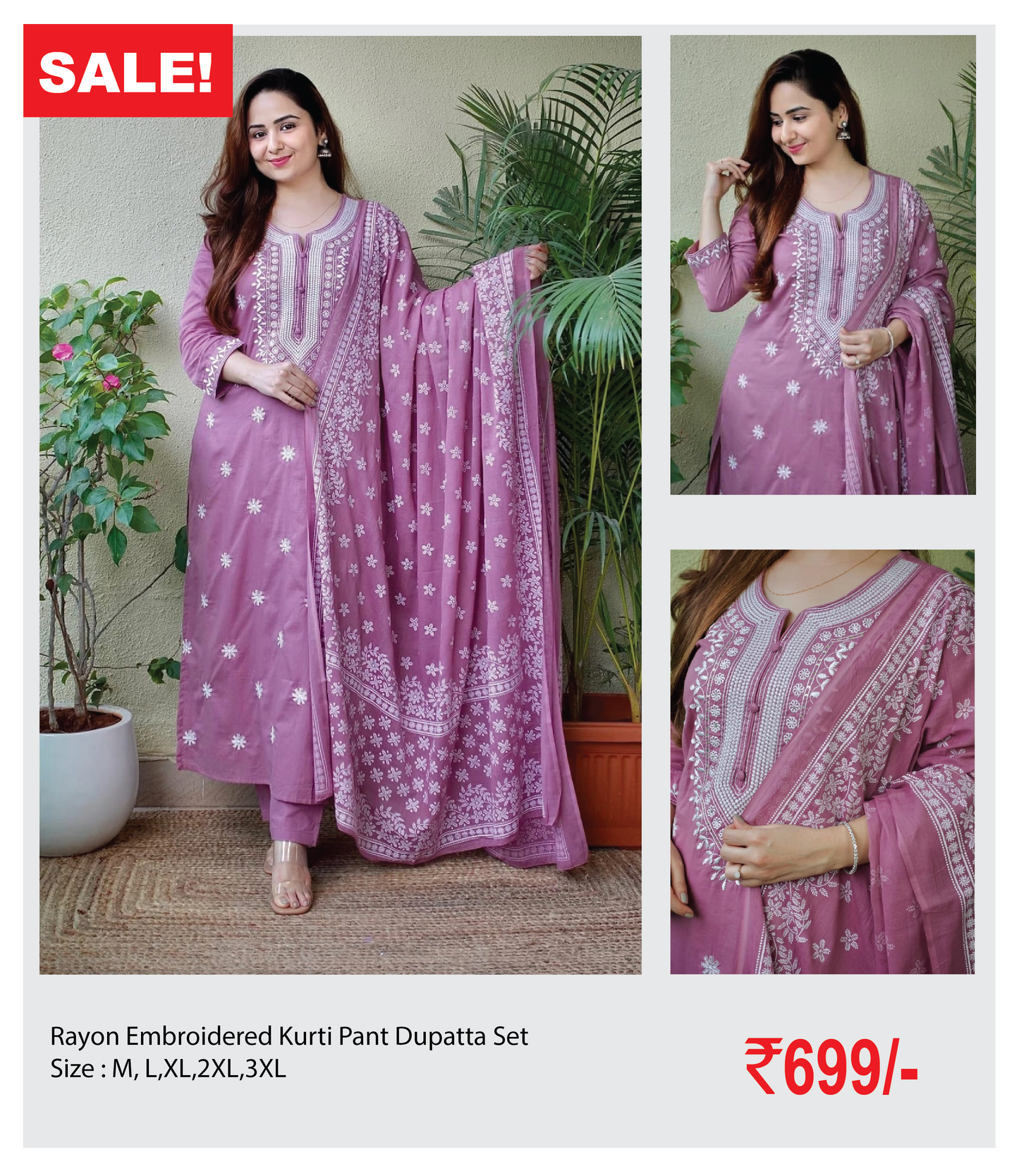 Rayon Embroidered Kurti Pant Dupatta Set