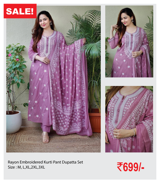 Rayon Embroidered Kurti Pant Dupatta Set