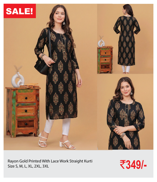 Rayon Gold Printed Straight Kurti With Lace Work