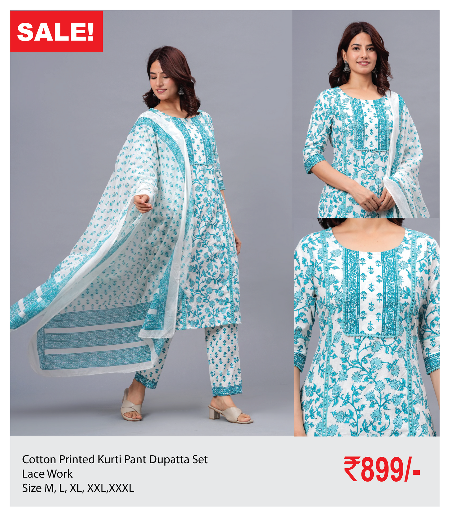 Cotton Printed Kurti Pant Dupatta Set with Lace Work