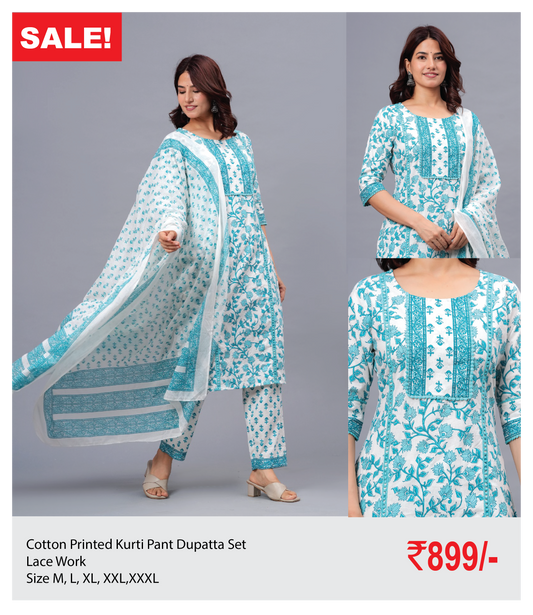 Cotton Printed Kurti Pant Dupatta Set with Lace Work