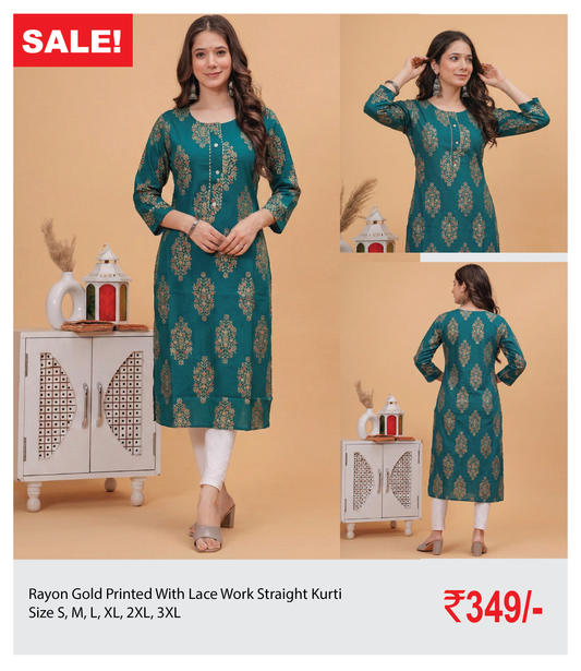 Rayon Gold Printed Straight Kurti With Lace Work