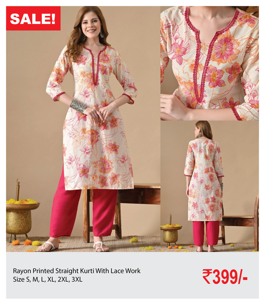 Rayon Printed Straight Kurti With Lace Work