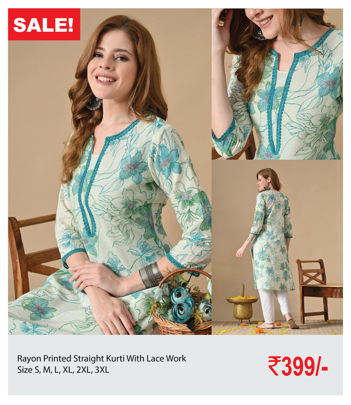 Rayon Printed Straight Kurti With Lace Work