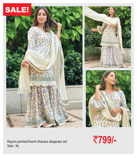 Rayon Printed kurti sharara duppata Set