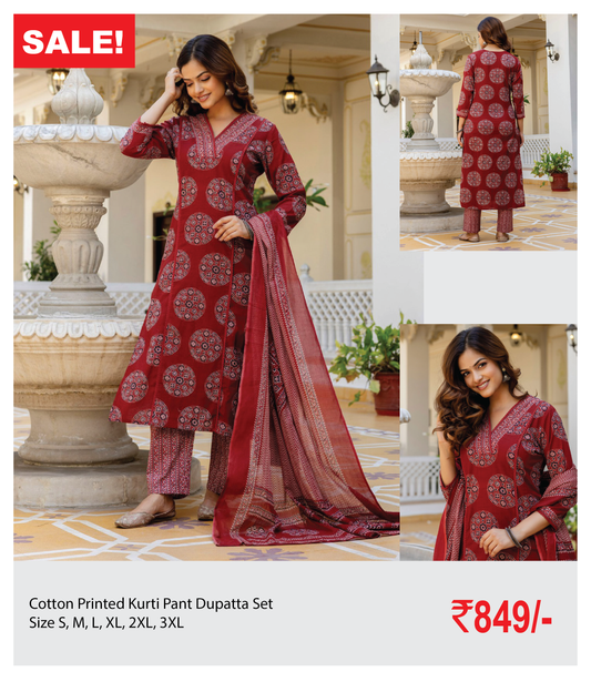 Cotton Printed Kurti Pant Dupatta Set