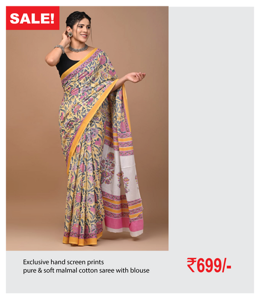 Exclusive hand screen prints  pure & soft malmal cotton saree with blouse