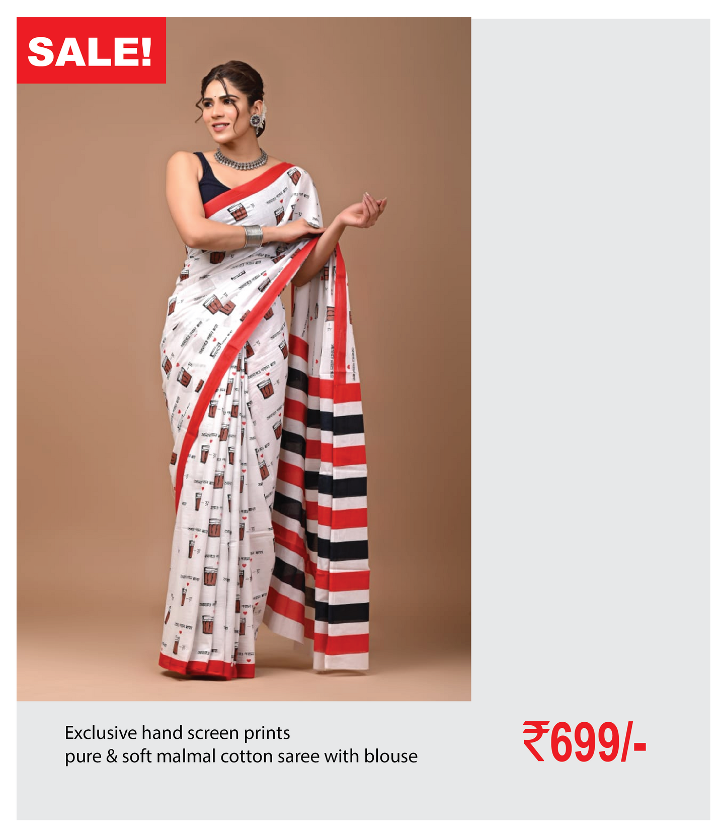 Exclusive hand screen prints  pure & soft malmal cotton saree with blouse