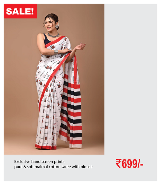 Exclusive hand screen prints  pure & soft malmal cotton saree with blouse