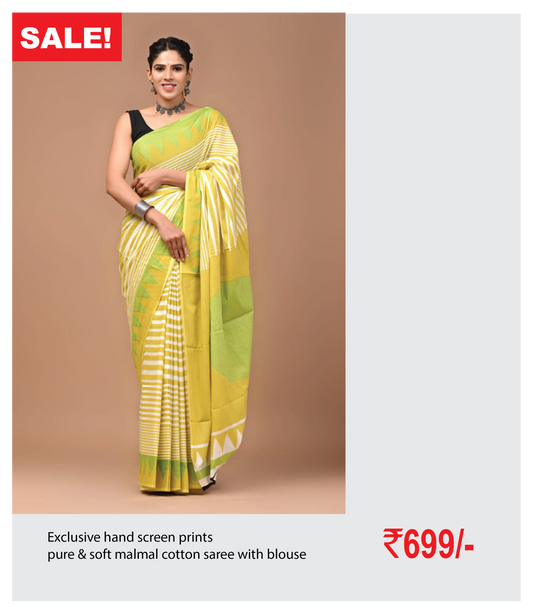 Exclusive hand screen prints  pure & soft malmal cotton saree with blouse