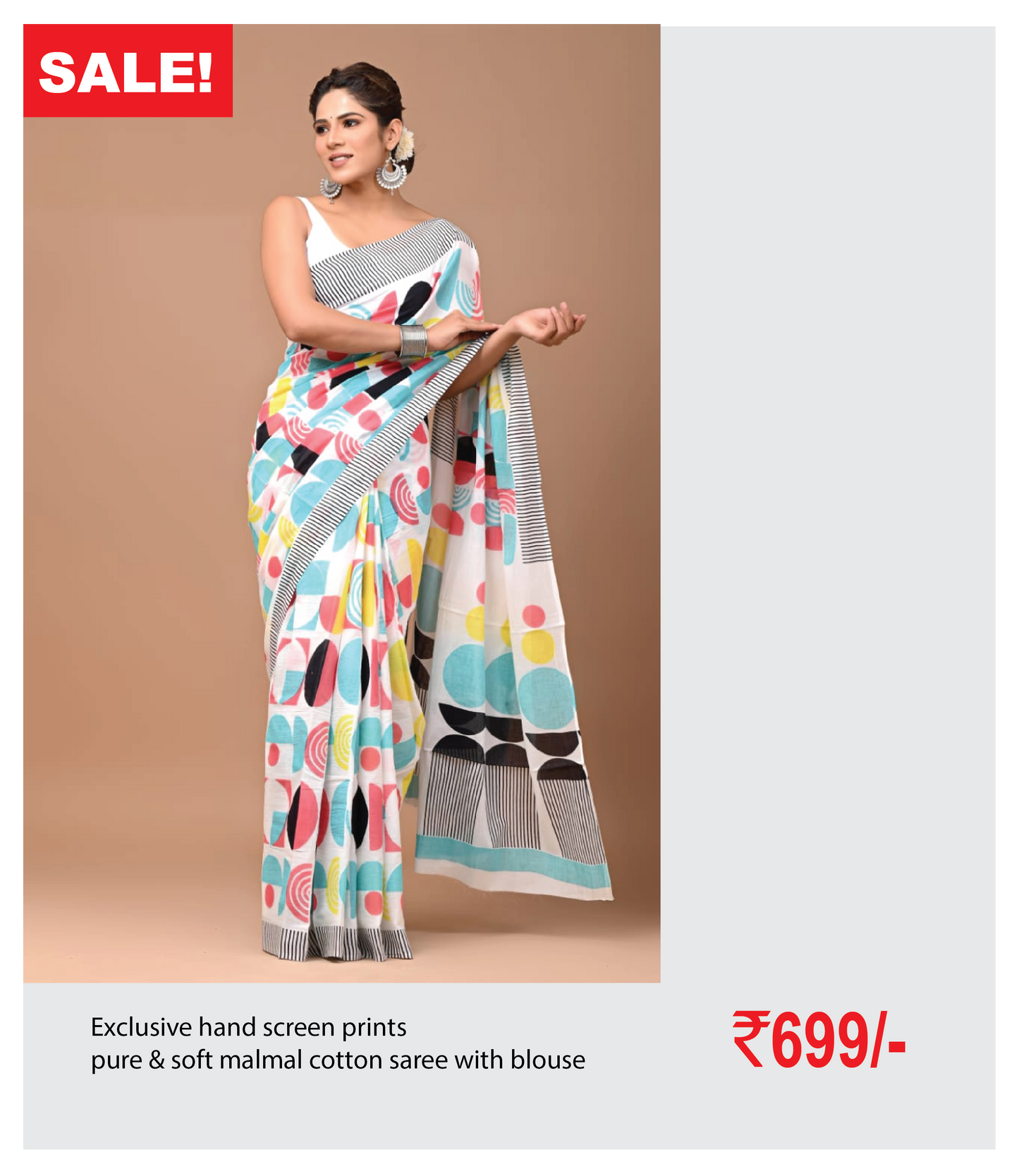 Exclusive hand screen prints  pure & soft malmal cotton saree with blouse