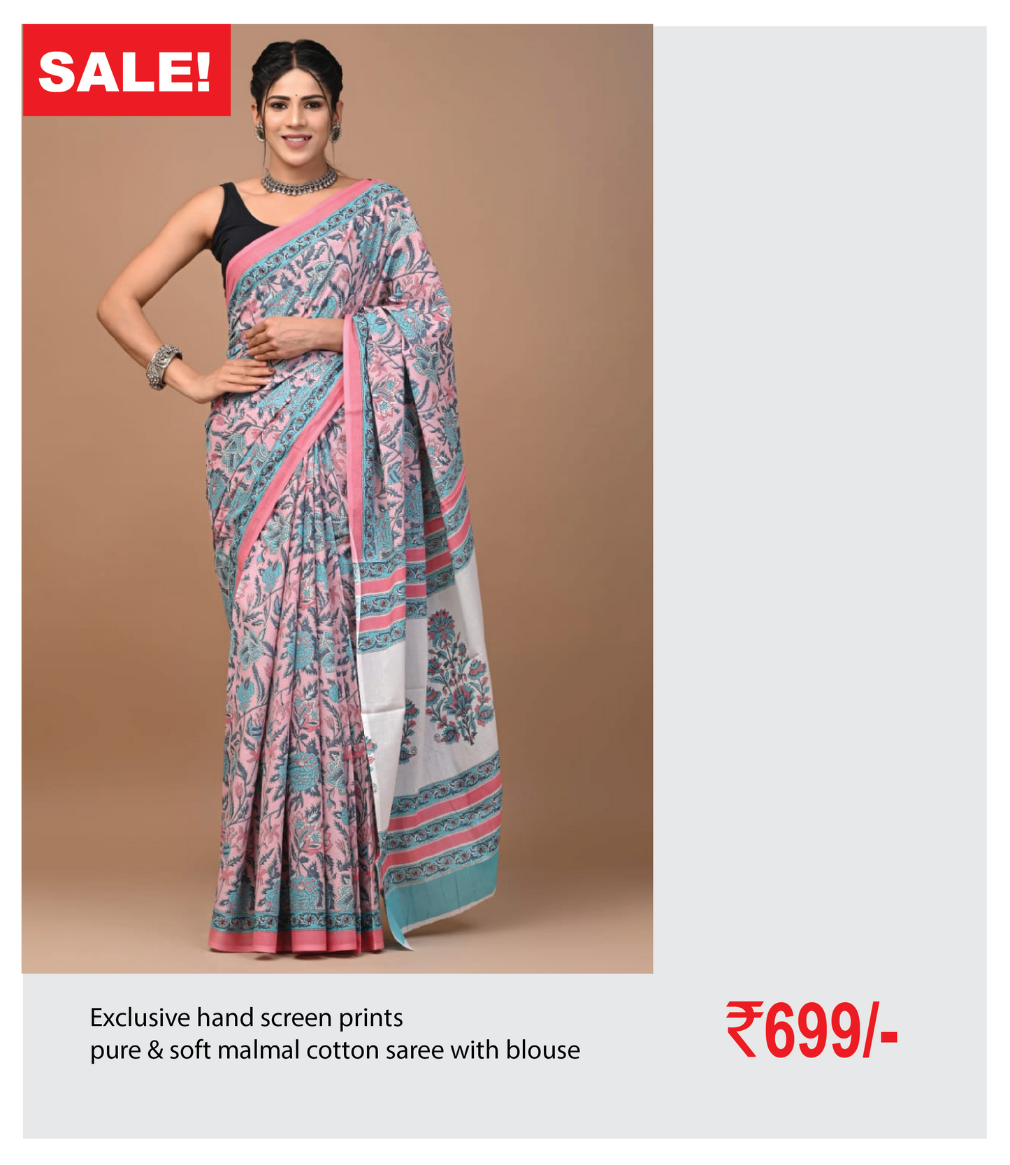 Exclusive hand screen prints  pure & soft malmal cotton saree with blouse