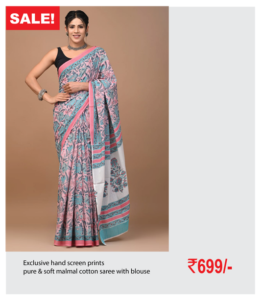 Exclusive hand screen prints  pure & soft malmal cotton saree with blouse