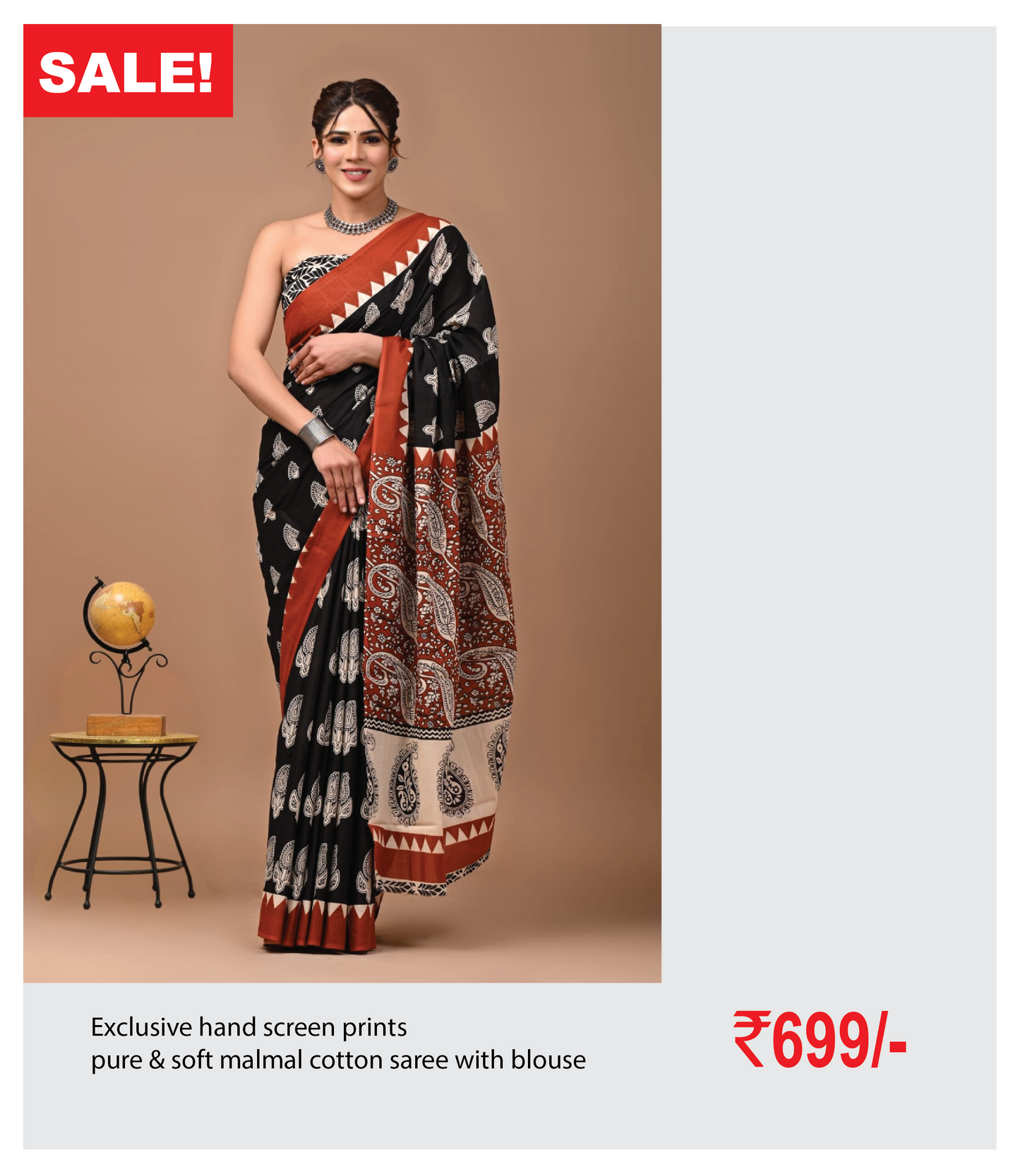 Exclusive hand screen prints  pure & soft malmal cotton saree with blouse