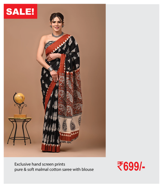 Exclusive hand screen prints  pure & soft malmal cotton saree with blouse