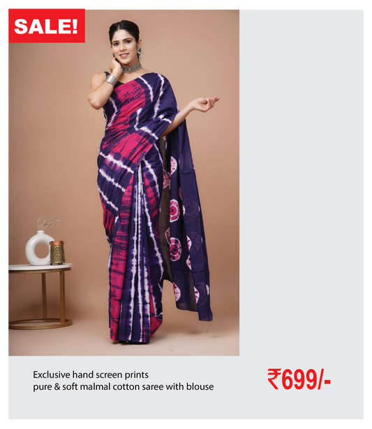 Exclusive hand screen prints  pure & soft malmal cotton saree with blouse