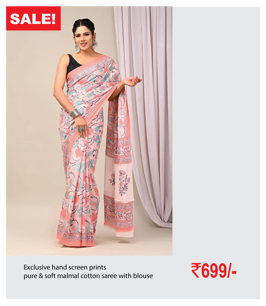 Exclusive hand screen prints  pure & soft malmal cotton saree with blouse