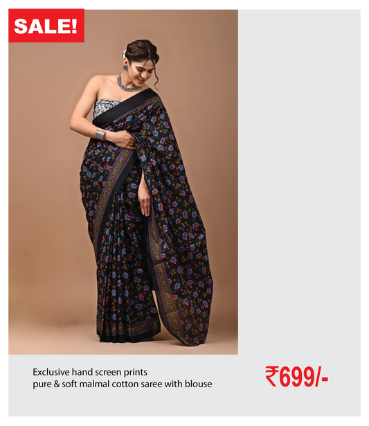 Exclusive hand screen prints  pure & soft malmal cotton saree with blouse