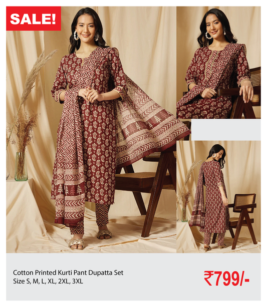 Cotton Printed Kurti Pant Dupatta Set
