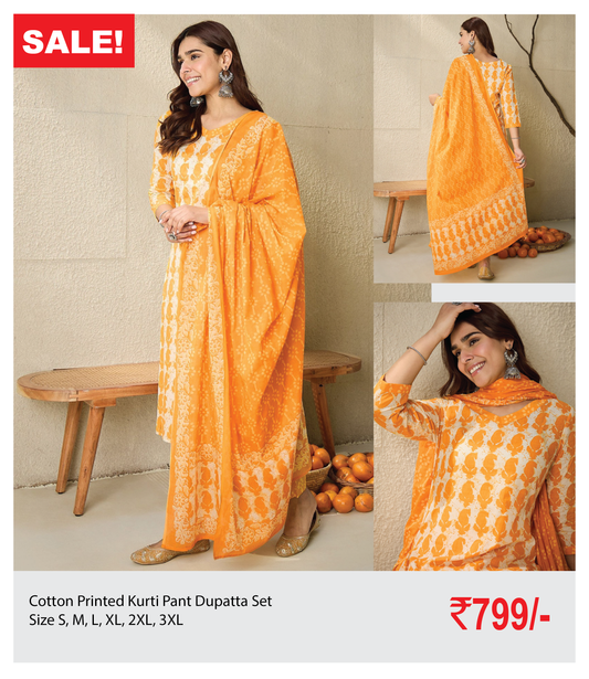 Cotton Printed Kurti Pant Dupatta Set