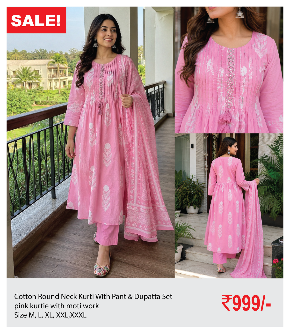 Cotton Round Neck Kurti With Pant & Dupatta Set pink kurtie with moti work