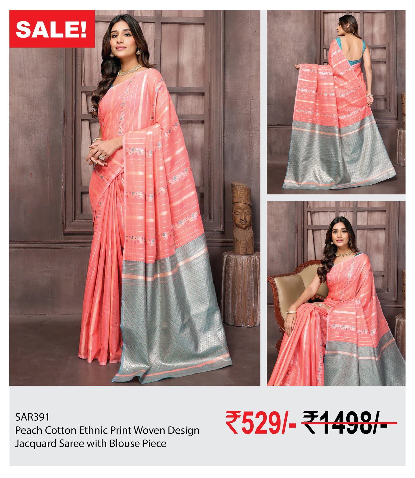 Peach Cotton Ethnic Print Woven Design Jacquard Saree with Blouse Piece