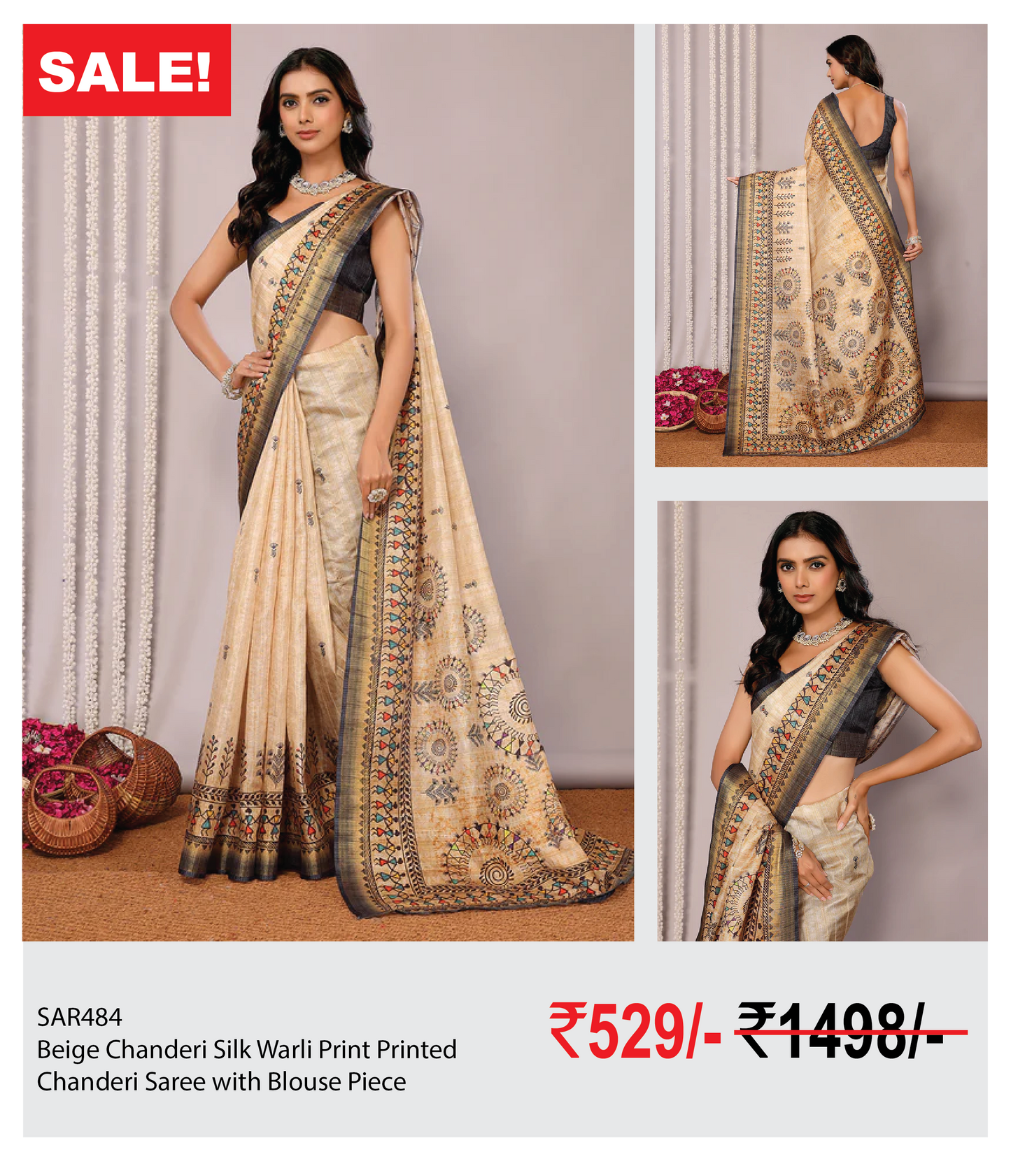 Beige Chanderi Silk Warli Print Printed Chanderi Saree with Blouse Piece