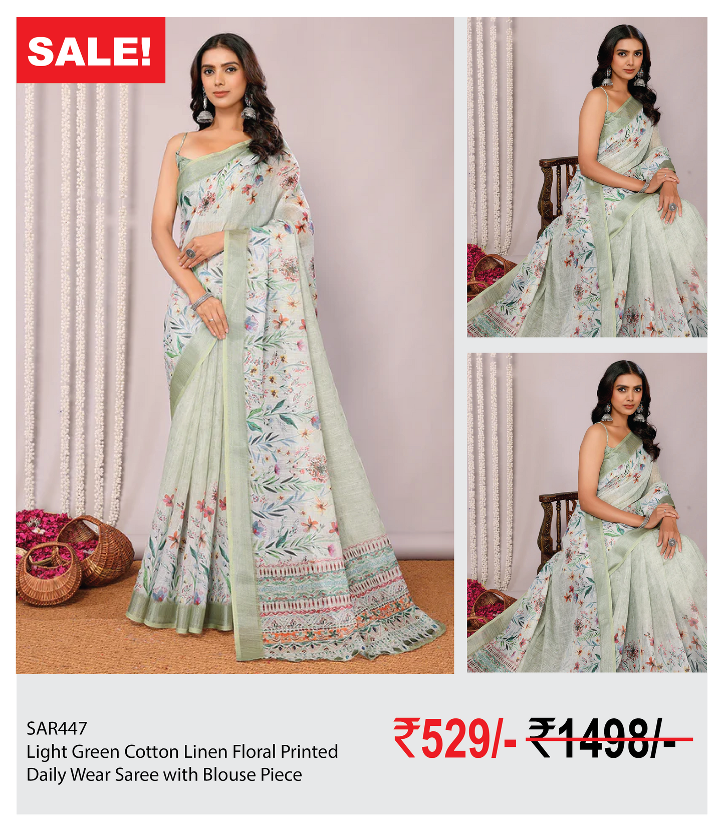 Light Green Cotton Linen Floral Printed Daily Wear Saree with Blouse Piece