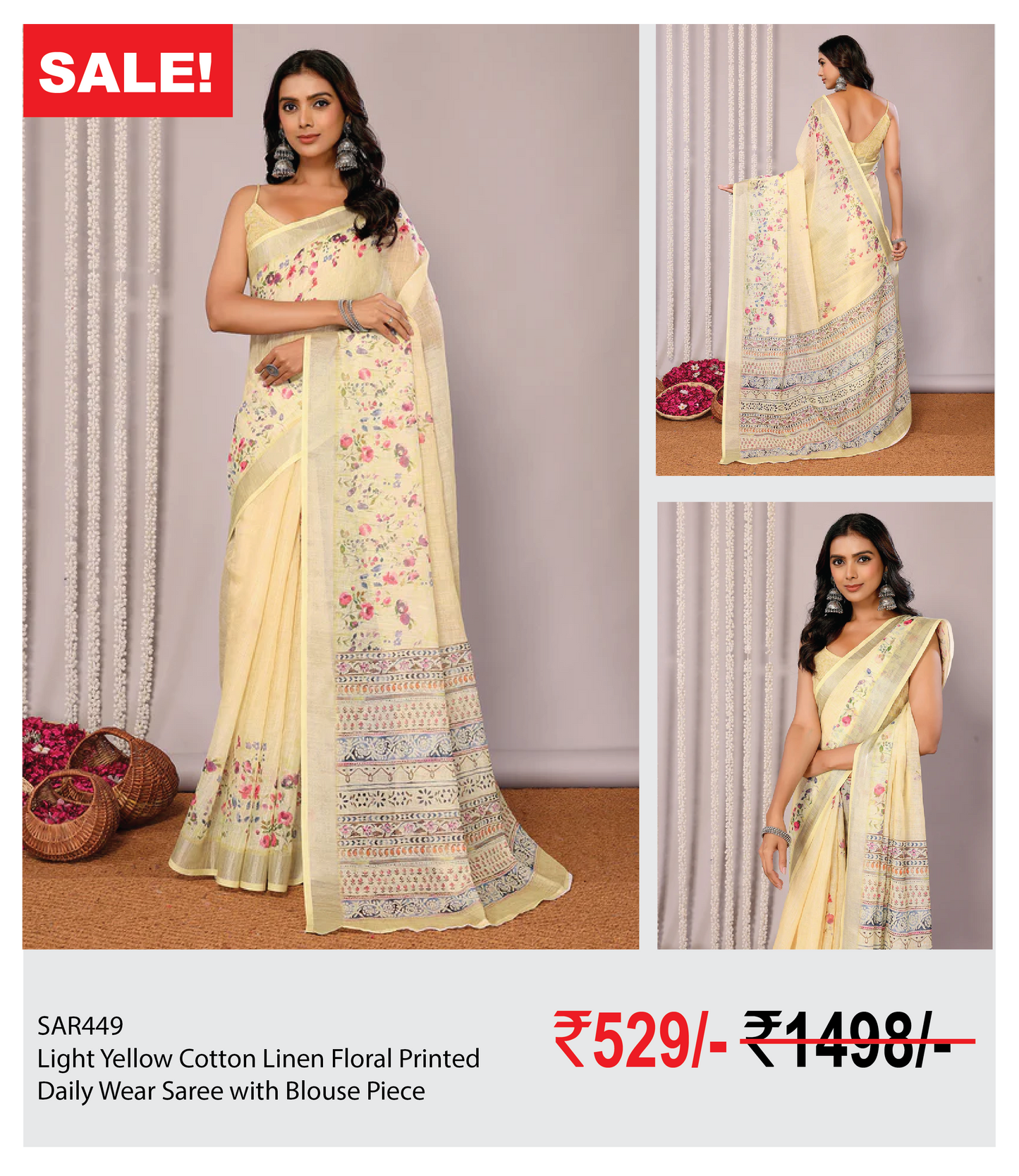 Light Yellow Cotton Linen Floral Printed Daily Wear Saree with Blouse Piece