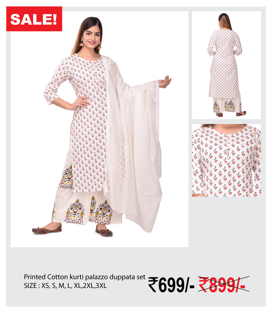Printed Cotton kurti palazzo duppata set